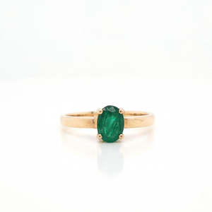 Coloured Stone Engagement Ring: Emerald 9ct Yellow Gold Oval Cut Emerald Four Claw Ring