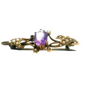Estate 9ct Yellow Gold Amethyst & Seed Pearl Brooch