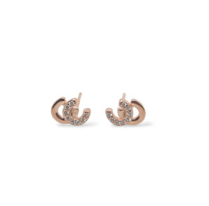 Sterling Silver Rose Gold Plated Equestrian Double Horse Shoe Stud Earrings with CZ