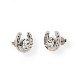 Equestrian Jewellery: Sterling Silver Equestrian Large Horse Shoe Stud Earrings with CZ