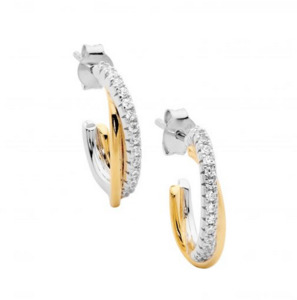 Ellani Gold Plated & Sterling Silver 18mm Cross Over Oval Hoop Earrings with CZ