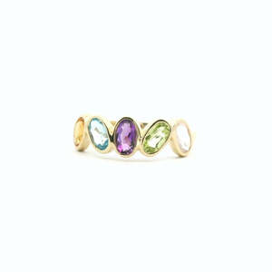 Rings: Semi Precious Five Stone Bezel Set 9ct Yellow Gold Ring