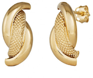 Boxing Day Sale Gold: 9ct Tri-Tone Gold Half Round Hollow Middle Tub Frosted & Plain Stud Earrings