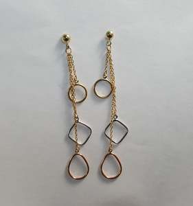 9ct Tri-Tone Circle, Square & Oval Shape Stud Drop Chain Earrings