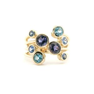 Ceylonese Sapphire, Iolite & Blue Topaz 9ct Yellow Gold Open Work Bezel Set Bubble Ring