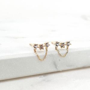 White Sapphire 14k Yellow Gold Triple Stone Chain Drop Earrings