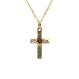 Estate Jewellery: Estate 9ct Yellow Gold Garnet Engraved Cross Pendant