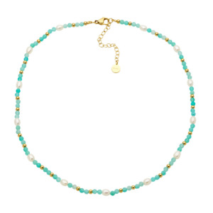 Pearl Necklaces: Ellani Stainless Steel Gold Plated Amazonite & Freshwater Pearl Necklace