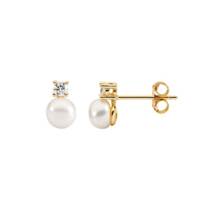 Ellani: Ellani Gold Plated 2.5mm Claw Set CZ with 5mm Freshwater Pearl Stud Earrings