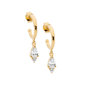 Ellani: Ellani Gold Plated 13mm Hoop Earrings with Pear & Round CZ Drops