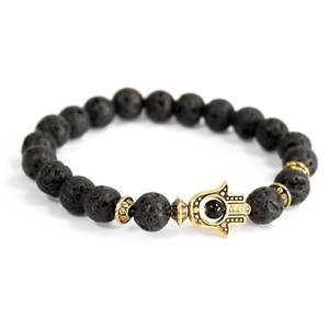 Gemstone Jewellery: Gold Hamsa / Lava Stone - Gemstone Bracelet
