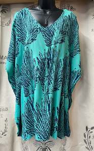 Tops: Floaty Tie Waist Leaf Print Beach Top - Green
