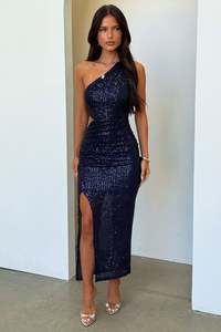 Party Dresses: Dura One Shoulder Sequin Midi Dress - Navy