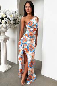 Elianna One Shoulder Satin Maxi Dress - Blue Floral