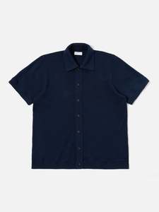 Button through polo in checkerboard knit - navy