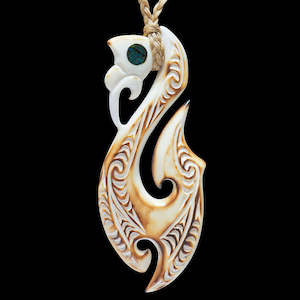 Specials: Large Flame Brushed Manaia Matau, handcrafted bone pendant