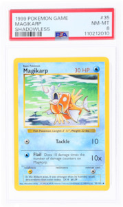 All Collectables: 1999 Pokémon Base Set Magikarp Shadowless #35 PSA 8