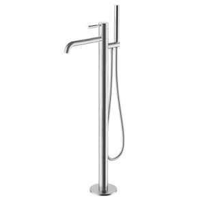 Freestanding Bath Tap: Swiss Floor Mount Bath Filler & Handshower | Brushed Stainless Steel