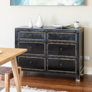 ORIENTAL PAINTED 6 DRAWER DRESSER | ANTIQUE BLACK