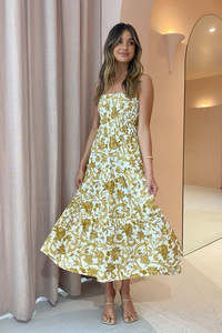 Bump Friendly 1: Saffron Shirred Tiered Midi
