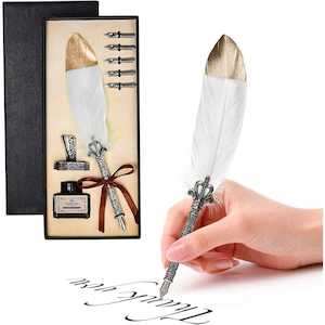School Stationery: Vintage Feather Quill Pen with Ink Set