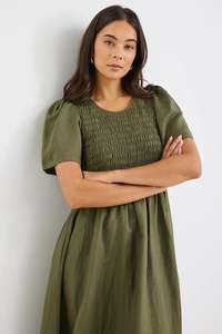 Dresses: REUNION Wren Khaki Linen Blend Dress Khaki