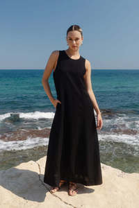 Dresses: REUNION Easygoing Black Linen Sleeveless Dress