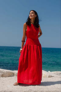 Stories Be Told: STORIES BE TOLD Results Red Linen Blend Dress