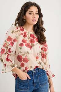 Ivy Jack: IVY+JACK Candid Cream Red Rose Mid Sleeve Top