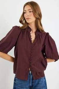 Ivy Jack: IVY+JACK Continuance Chocolate Semi Sheer High Neck Button Top