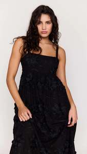 MINK PINK Roma Black Tiered Cotton Applique Midi Dress