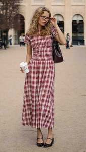 Mink Pink: MINK PINK Anouk Shirred Midi Dress Wine Check