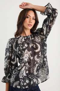 IVY+JACK Briefly Scrolling Foliage Frill Sleeve Crew Neck Top Black