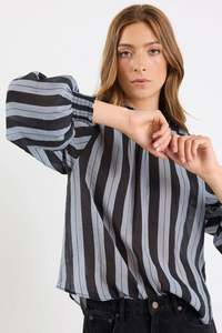 AMONG THE BRAVE Embrace Grey Stripe Shirred Neck Top