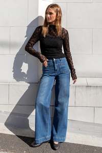 Among The Brave: AMONG THE BRAVE Zoey High Rise Wide Leg Pocket Jean Marine Blue PETITE