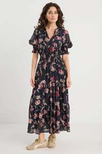 IVY + JACK Charmant Black Wildflowers V Neck Dress
