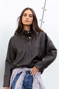 Stories Be Told: STORIES BE TOLD Ensemble Chocolate Faux Leather Funnel Neck Zip Jacket