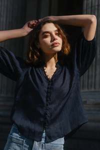 Ivy Jack: IVY + JACK Continuance Navy Ramie Button Top