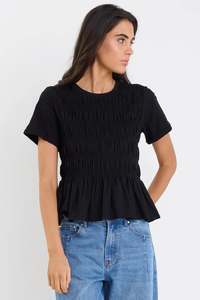 Stories Be Told: STORIES BE TOLD Neat Slub Shirred Detail Tee Black