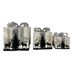 Ornaments: Set of 3 LED Silver & Black Presents