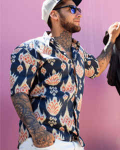 Short Sleeve Shirts: PADMA Short Sleeve Shirt Blue Ikat