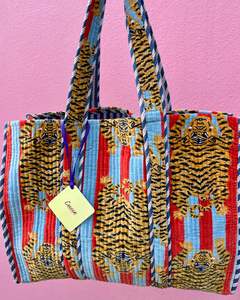 Velvet Tote Bag - Tiger Red and Light Blue