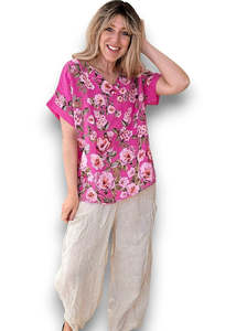 Linen: Helga May | Hot Pink Ruby Blossom Linen Top