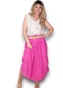Linen: Helga May | Hot Pink Midi Raffia Belt Linen Skirt