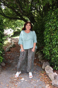 Helga May | Sage Leopard Barrel Linen Pants