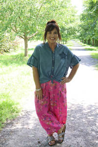 Linen: Helga May | Hot Pink Wild Daisy Barrel Linen Pants