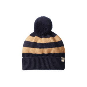 Baby Accessories: Nature Baby - Alpine Pom Pom Beanie - Navy/Caramel Stripe