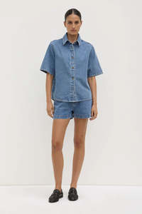 Denim: Assembly Label - Boxy Denim Short Sleeve Shirt - Dark Stone