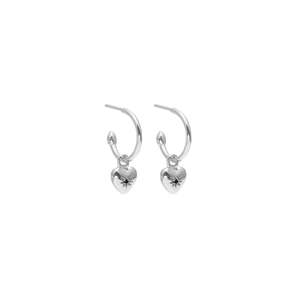 Silk & Steel - Petite Puffed Heart Hoops - Black Diamond/Silver