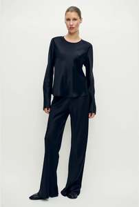 Silk Laundry: Silk Laundry - Long Sleeve Bias Cut Top - Black Satin